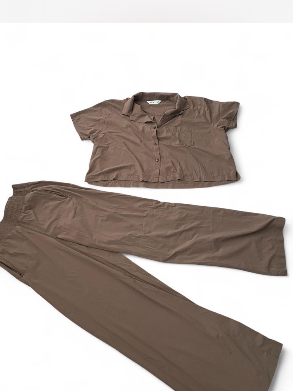 Women's Two-Piece Crop Button Shirt & Wide-Leg Jumpsuit Set - Brown